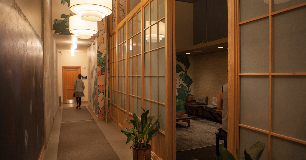 Serene view of the treatment area and tea room at Root Whole Body in northwest Portland.